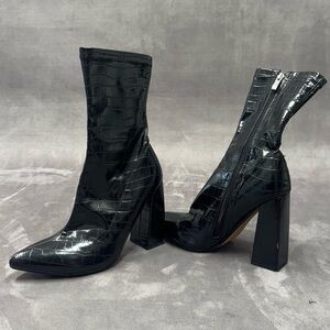EGO Black Croc-Embossed Ankle Boots Square women’s heel size Uk 5 side zipper